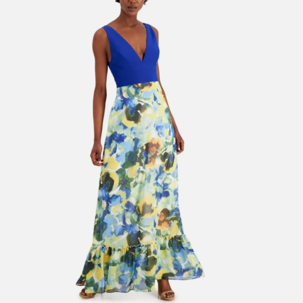 AIDAN MATTOX Blue
Plunging Sleeveless V Neck Full-Length A-Line Dress Size 4